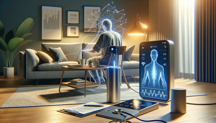 Modern wireless electroacupuncture device in use at home in a cozy UK living room.