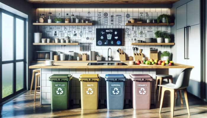 Modern UK kitchen equipped with colour-coded bins, a compost bin, a shredder, smart bins, and a waste sorting app on a tablet.