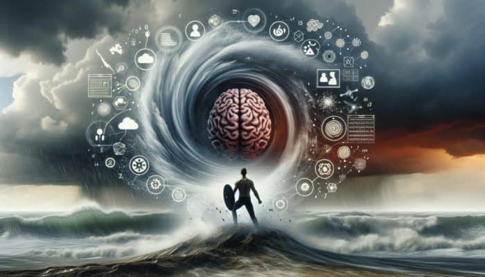 A person standing resiliently in a stormy landscape with symbols of a shield and brain, representing survival strategies and psychological strength.