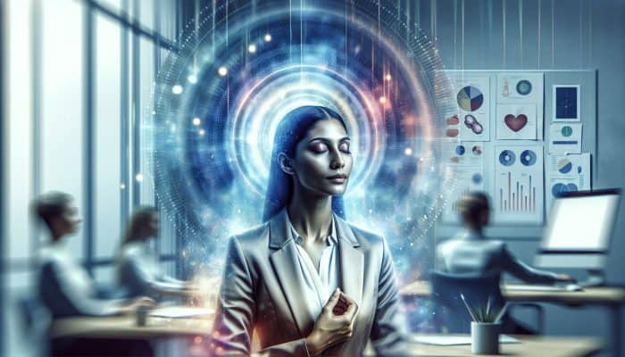 A serene woman practicing mindfulness in a professional setting, surrounded by calming light and colors.