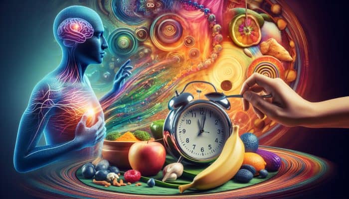 Meal Timing for Weight Loss: A person setting a clock beside a healthy meal, illustrating meal timing for weight loss and well-being.