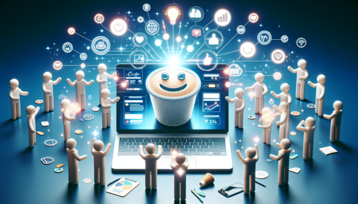 Modern website for a Poole coffee shop on a laptop, showcasing interactive menus, engaging blog posts, and cheerful users sharing on social media.