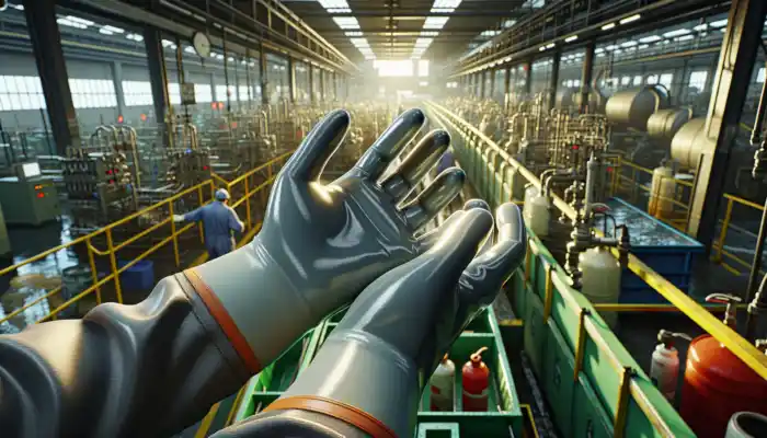 PVC Work Gloves in Sheffield: Close-up of durable PVC gloves on a worker's hands in a bustling Sheffield factory, handling oily machinery and chemicals.